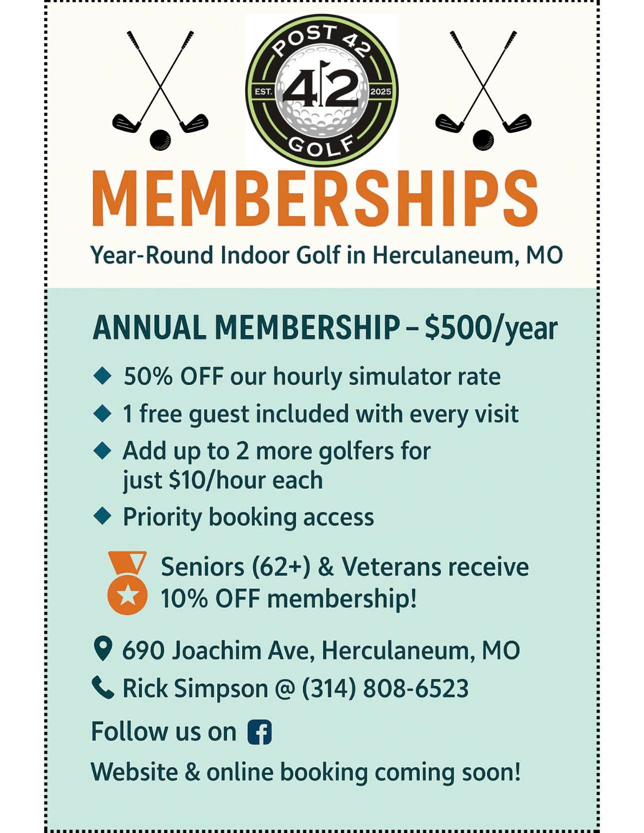 Post 42 Golf annual membership benefits flyer with senior and veteran discounts