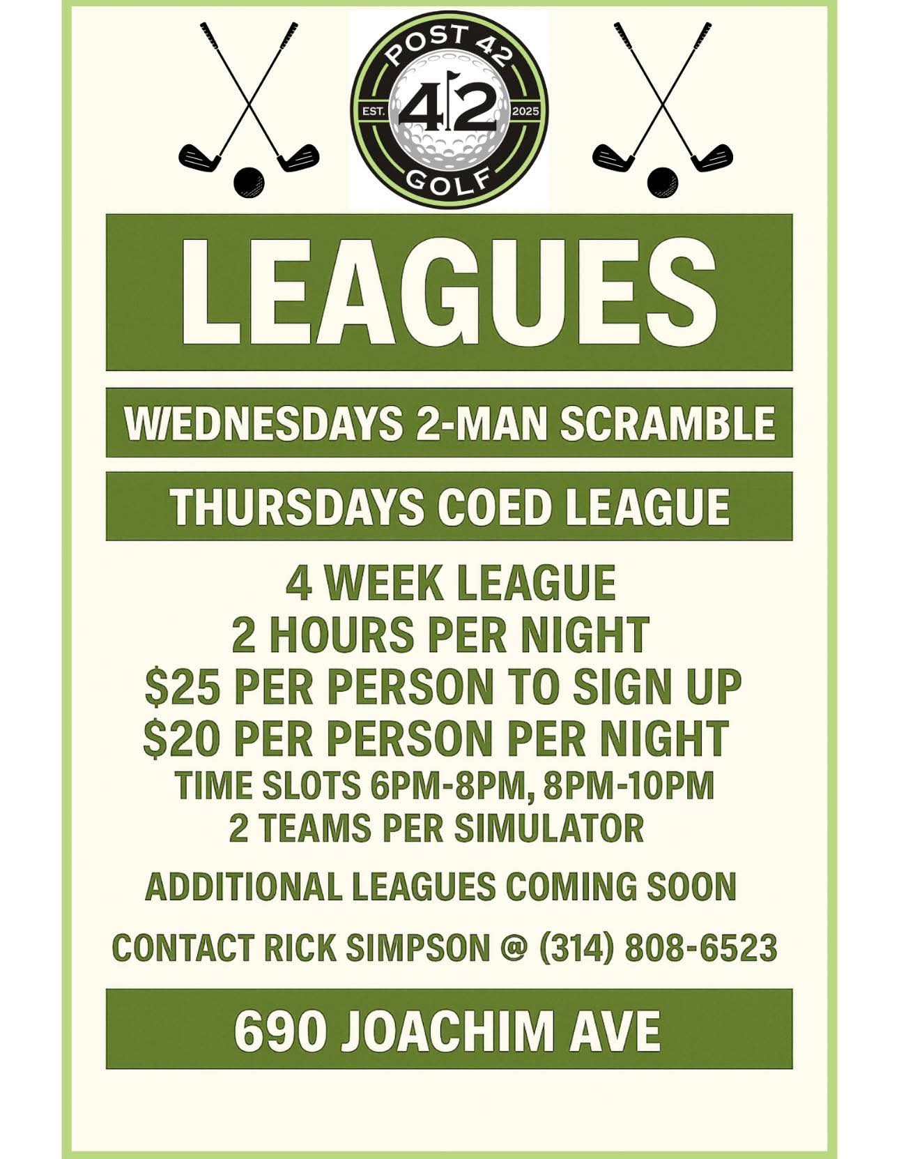 Post 42 Golf league night flyer with Wednesday scramble and Thursday coed league details